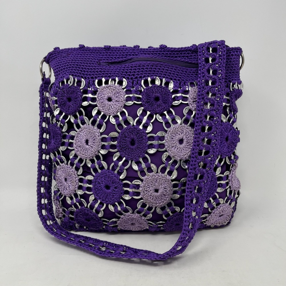 Handmade Crochet Soda Tab Shoulder Crossbody Bag Purple Boho Festival Artisanal